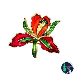 NEW Vintage Cloisonné Style Iris Floral Enamel Brooch Pin Gold Tone Red Green